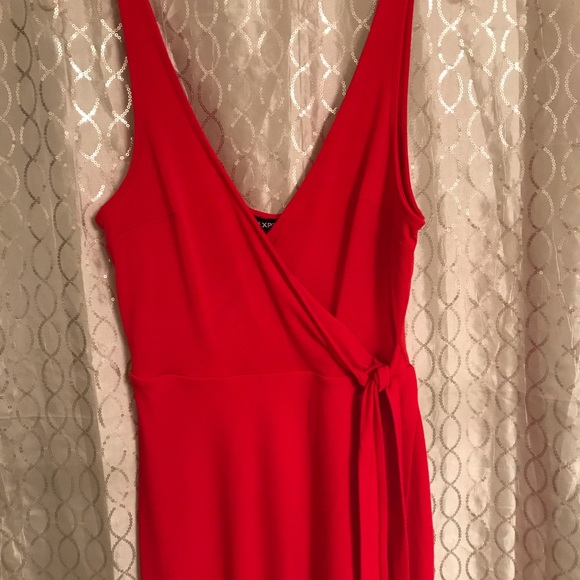 Express Red Faux Wrap V-Neck w/ Ties on Side High/Low Scooped Back Work Dress - Picture 6 of 8
